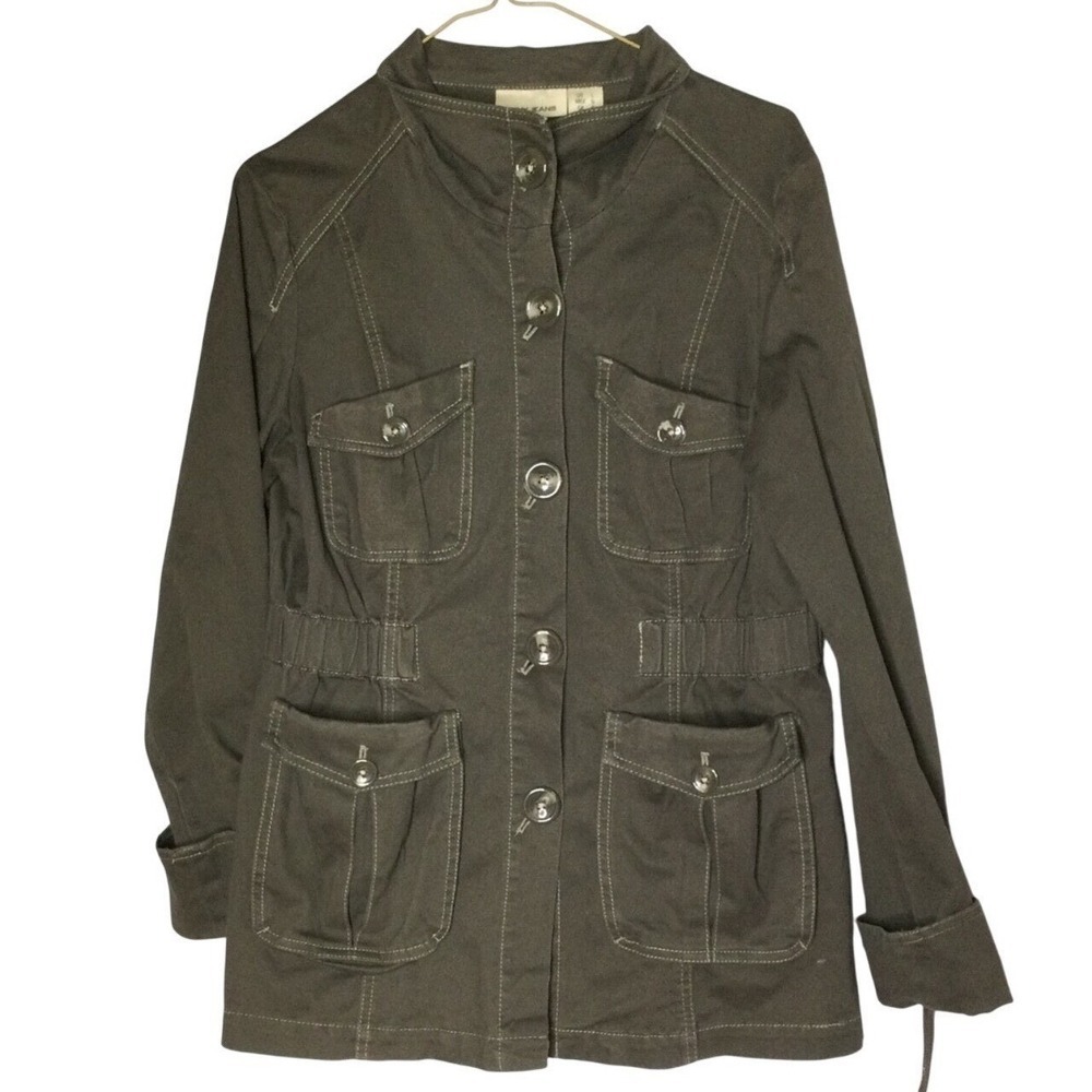 DKNY‎ Jeans Women Utility Jacket Cargo Pockets Button Front Olive Green Size L